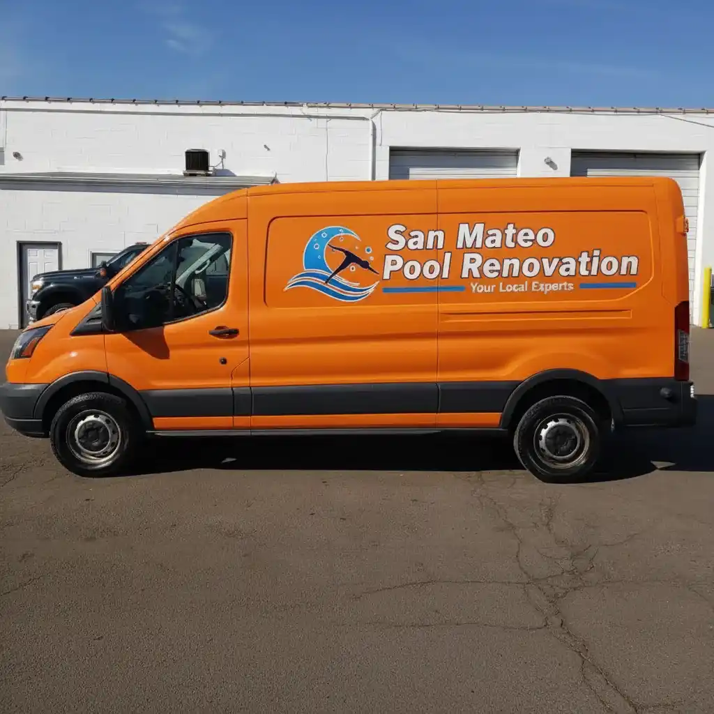 San Mateo Pool Renovation service van with company branding and phone number 650-658-4983