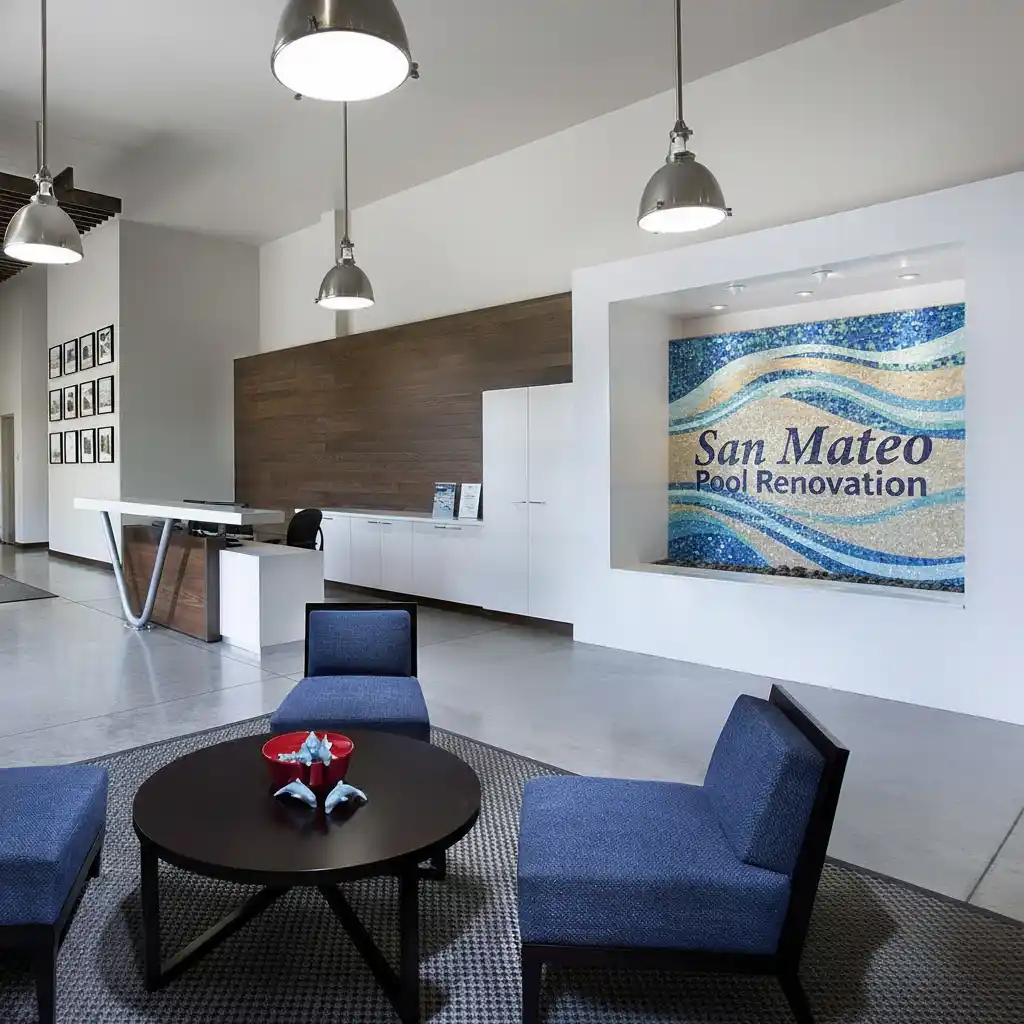 San Mateo Pool Renovation office interior with company logo and branding on wall